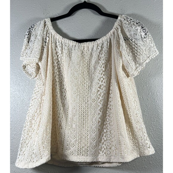 Miami by Francesca's Crochet Top Short Sleeve Shirt Cream Woven Lace Cotton M - Picture 3 of 11
